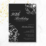 Floral Black and White 90th Birthday Kaart<br><div class="desc">Bloemen Zwart-wit 90ste verjaardag uitnodiging. Ons uitnodigingsontwerp heeft een verbluffend zwart-wit bloemenmotief, dat eenvoud en verfijning combineert. De delicate bloemenmotieven contrasteren prachtig tegen de heldere achtergrond, waardoor een look ontstaat die zowel eenvoudig als opvallend elegant is. Ga met ons mee voor een onvergetelijke avond waar elk detail tot in de...</div>