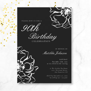 Floral Black and White 90th Birthday Kaart