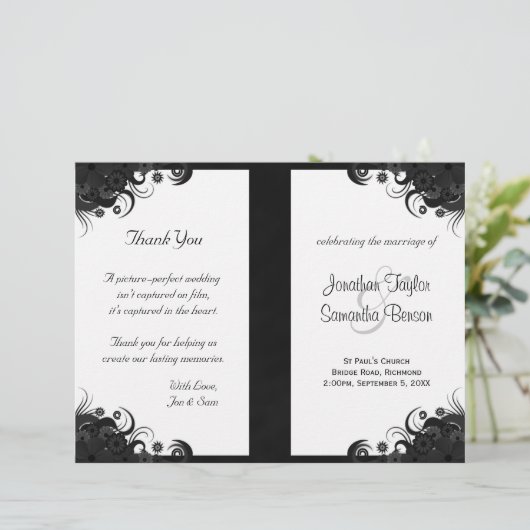 Floral Black and White Gothic Folded Wedding Progr (Staand voorkant)
