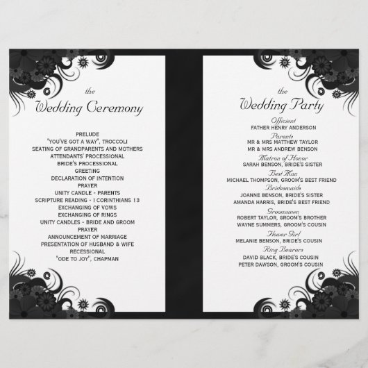 Floral Black and White Gothic Folded Wedding Progr (Achterkant)