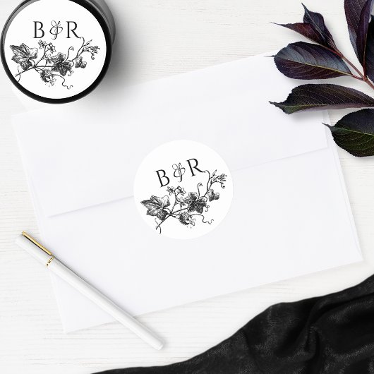 Floral Black and White Wedding Envelope Seal/Favor Ronde Sticker
