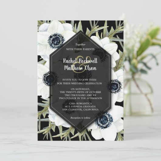 Floral Black and White Wedding Invitations (Staand voorkant)