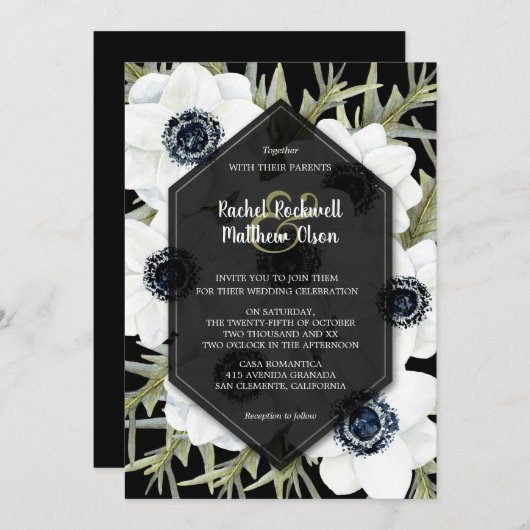 Floral Black and White Wedding Invitations (Voorkant / Achterkant)