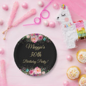 Floral Black Birthday Waterverf roze goudprijs Papieren Bordje (Feest)