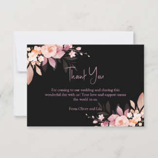 Floral Black & Blush Rose Wedding Bedankkaart