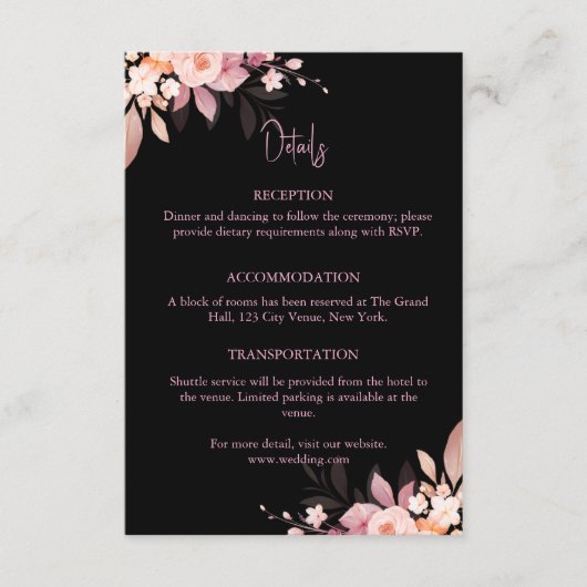 Floral Black & Blush Rose Wedding Informatiekaartje (Voorkant)