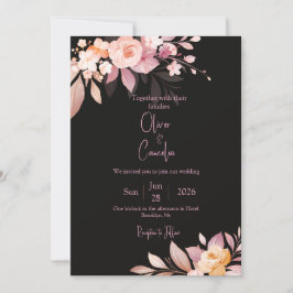 Floral Black & Blush Rose Wedding  Kaart