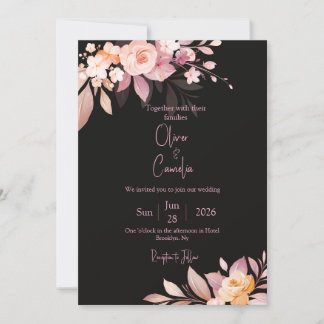 Floral Black & Blush Rose Wedding Kaart