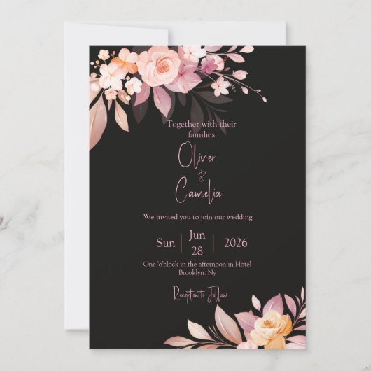 Floral Black & Blush Rose Wedding  Kaart (Voorkant)