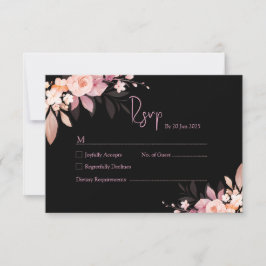 Floral Black & Blush Rose Wedding  RSVP Kaartje