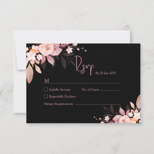 Floral Black & Blush Rose Wedding RSVP Kaartje (Voorkant)