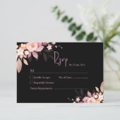 Floral Black & Blush Rose Wedding RSVP Kaartje (Staand voorkant)
