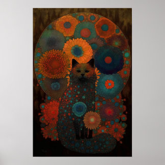Floral Black Cat met luchtig schaduwontwerp Poster
