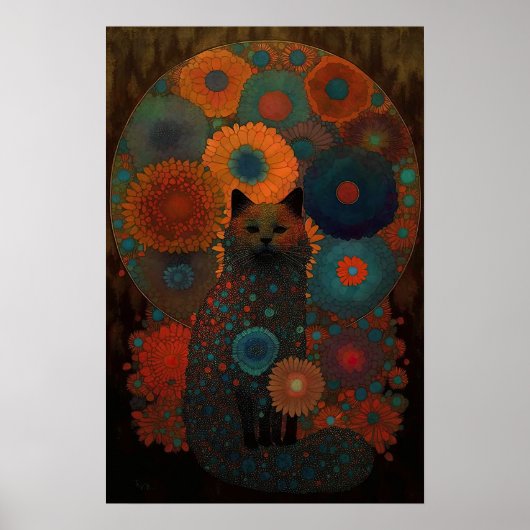 Floral Black Cat met luchtig schaduwontwerp Poster (Voorkant)