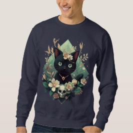 Floral Black Cat Skull Pixel Art for Halloween Trui