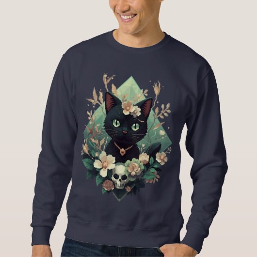 Floral Black Cat Skull Pixel Art for Halloween Trui (Voorkant)