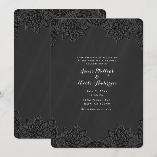 Floral Black Chalkboard en Lace Country Wedding Kaart (Voorkant / Achterkant)