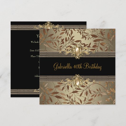 Floral Black Coffee Pearl chain 40th Birthday Kaart (Voorkant / Achterkant)