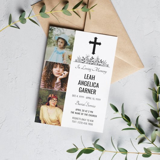 Floral Black Cross 3 Foto's White Burial Service Kaart