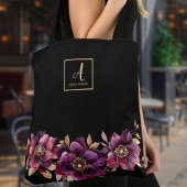 Floral Black Custom Monogram Tote Bag