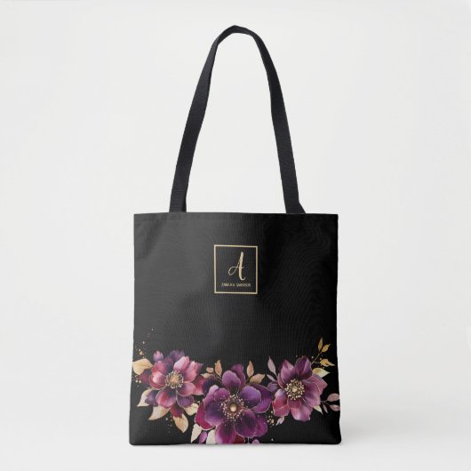 Floral Black Custom Monogram Tote Bag (Voorkant)