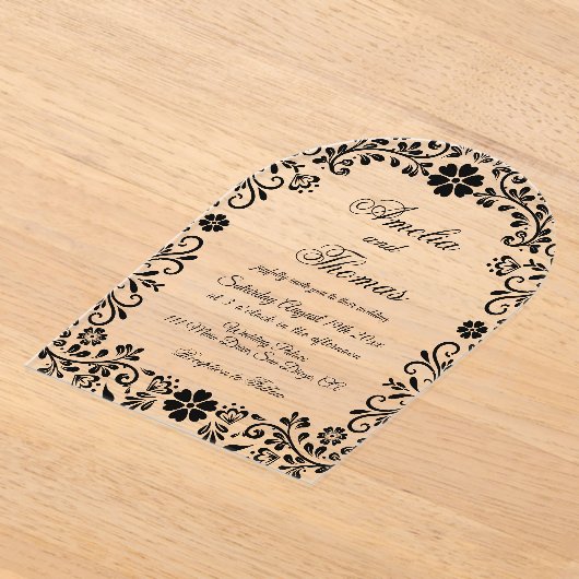 Floral Black Elegant Wedding Acryl Uitnodigingen (Laagn)