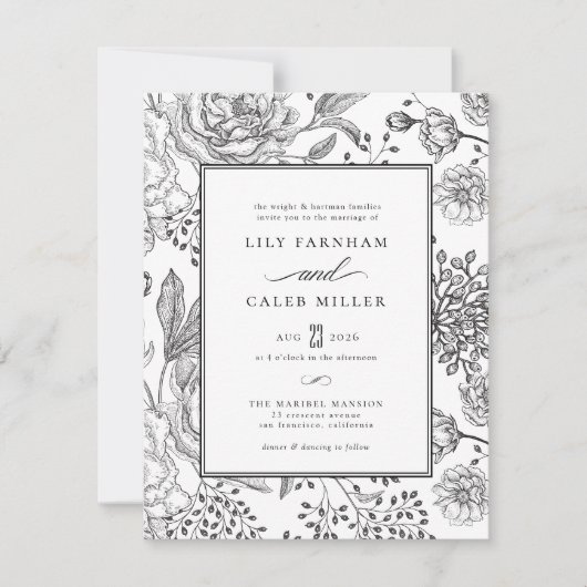 Floral Black Elegant Wedding Kaart (Voorkant)
