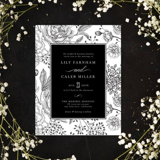 Floral Black Elegant Wedding Kaart