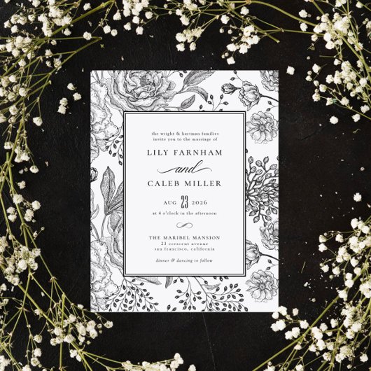 Floral Black Elegant Wedding Kaart