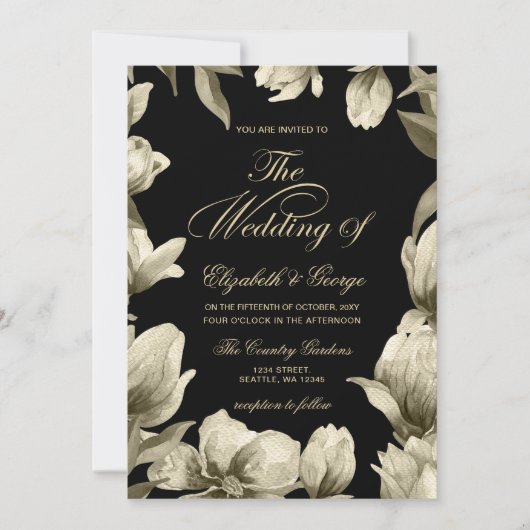 Floral Black en Gold bruiloft Kaart (Voorkant)