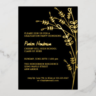 Floral Black en Gold Modern Graduation Party Folie Uitnodiging
