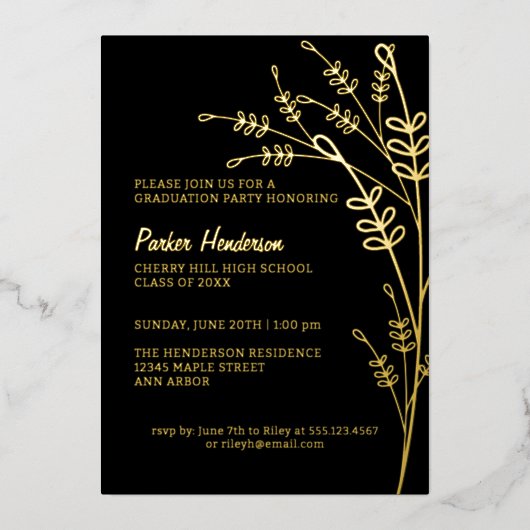 Floral Black en Gold Modern Graduation Party Folie Uitnodiging (Voorkant)