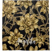 Floral Black en Gold Persoonlijke naam Douchegordijn (Voorkant)