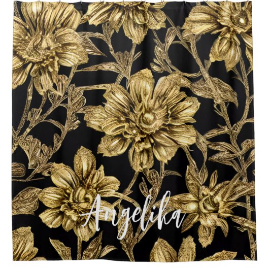 Floral Black en Gold Persoonlijke naam Douchegordijn (Voorkant)