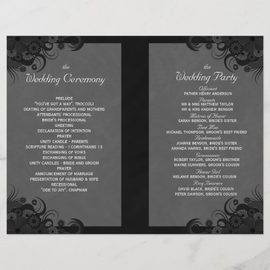 Floral Black en Grey Gothic Folded Wedding Program (Achterkant)
