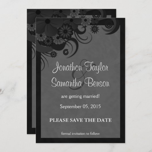 Floral Black en Grey sparen de datumaankondigingen Kaart (Voorkant / Achterkant)