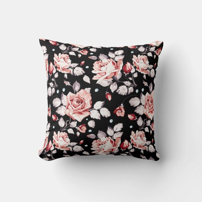 Floral Black en Pink Kussen (Voorkant)