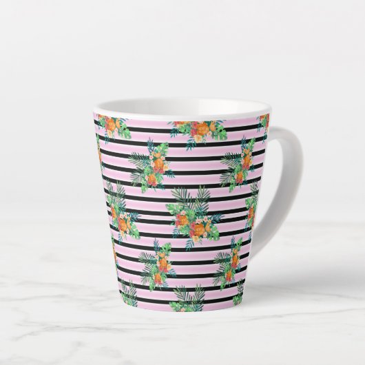 Floral Black en roze strepen Latte Mok (Rechterhoek)