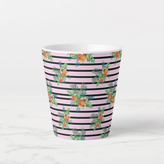 Floral Black en roze strepen Latte Mok (Voorkant)