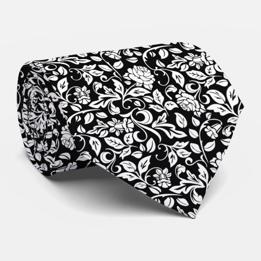 Floral Black en White Rose Vine Pattern Stropdas (Opgerold)