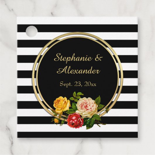 Floral Black en White Stripe gepersonaliseerd Bedankjes Labels (Voorkant)