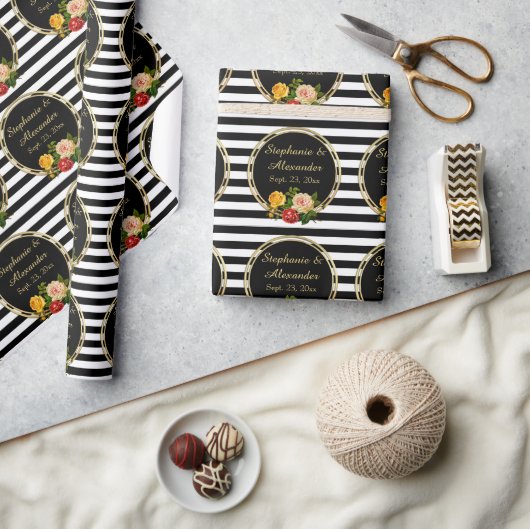  Floral Black en White Stripe gepersonaliseerd Cadeaupapier (Crafts)