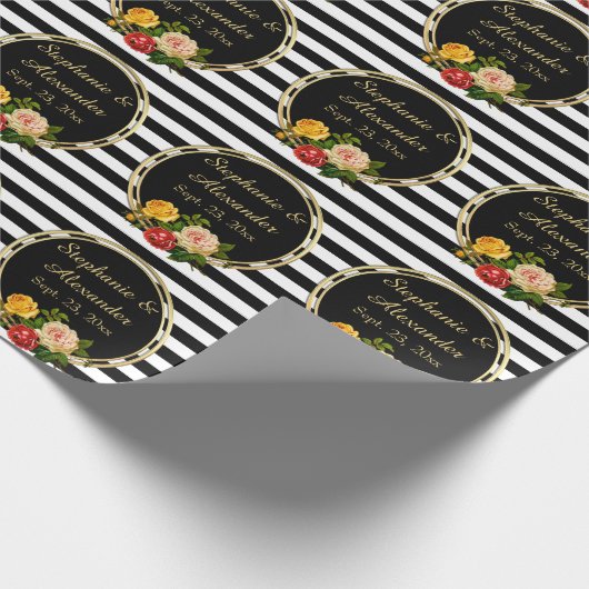  Floral Black en White Stripe gepersonaliseerd Cadeaupapier (Hoek)