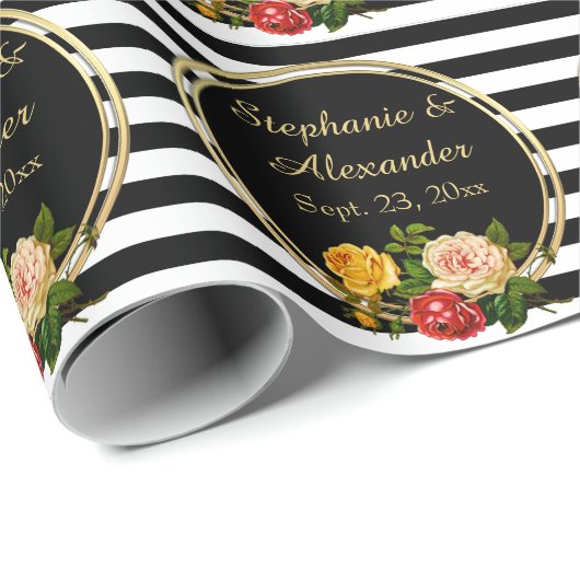  Floral Black en White Stripe gepersonaliseerd Cadeaupapier (Rol Hoek)