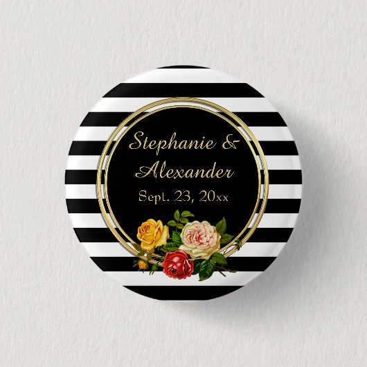 Floral Black en White Stripe gepersonaliseerd Ronde Button 3,2 Cm (Voorkant)