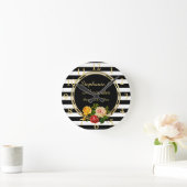  Floral Black en White Stripe gepersonaliseerd Ronde Klok (Huis)