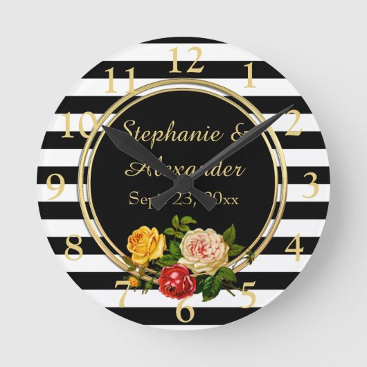 Floral Black en White Stripe gepersonaliseerd Ronde Klok (Voorkant)