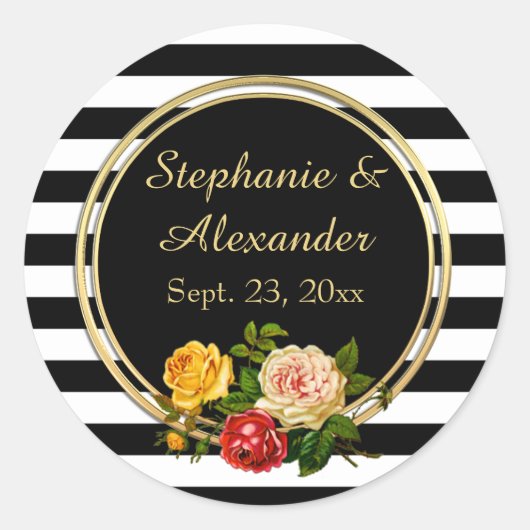  Floral Black en White Stripe gepersonaliseerd Ronde Sticker (Voorkant)