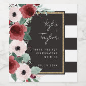 Floral Black en White Stripe Magenta Wedding Wijn Etiket (Enkel label)