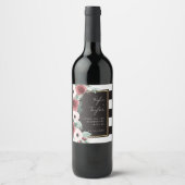 Floral Black en White Stripe Magenta Wedding Wijn Etiket (Voorkant)